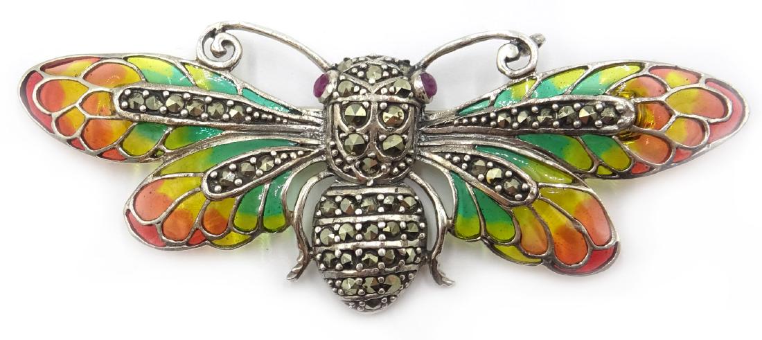 Silver plique-a-jour, marcasite and enamel insect: Silver plique-a-jour, marcasite and enamel insect brooch, stamped 925
