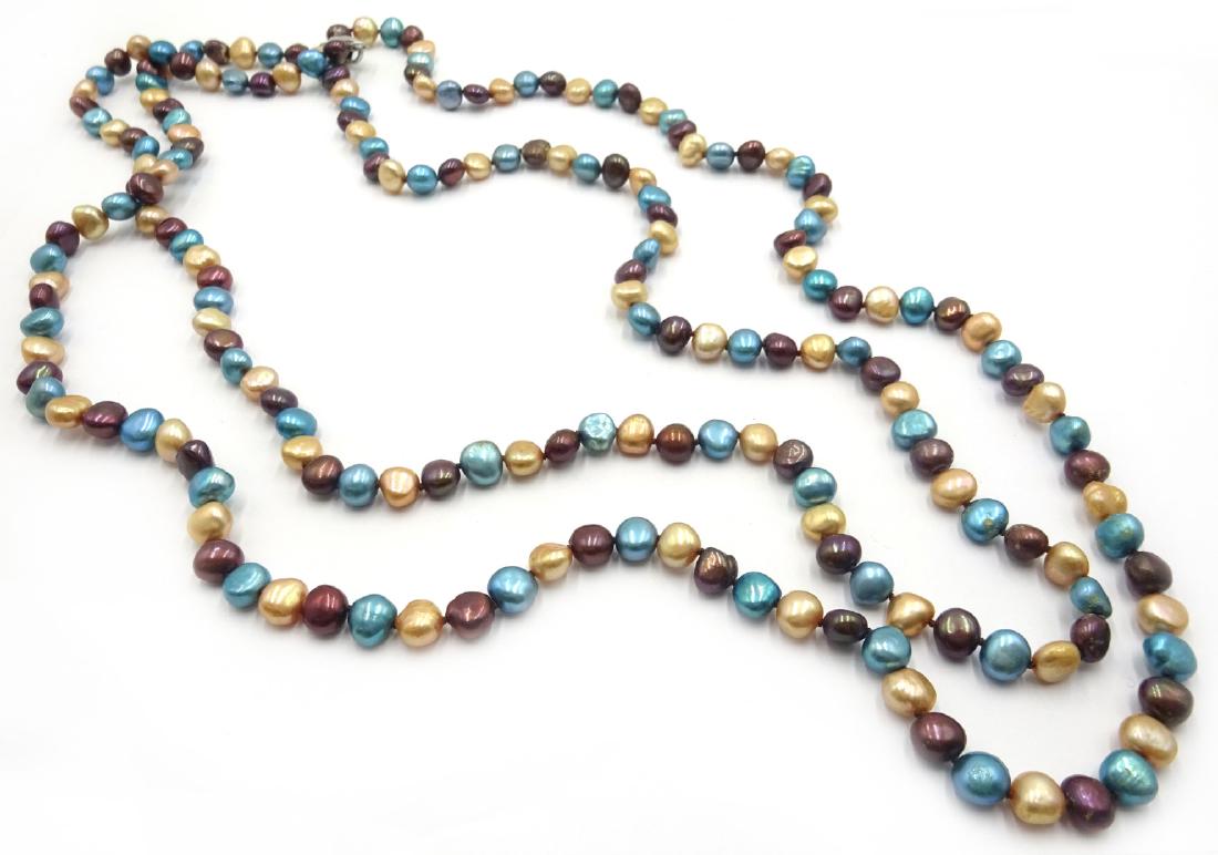 Long blue, brown and champagne colour pearl necklace,: Long blue, brown and champagne colour pearl necklace, with silver clasp stamped 925,150cm
