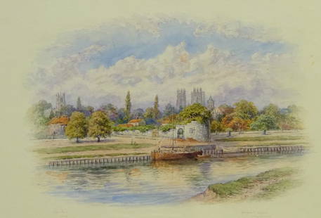 George Fall (British 1845-1925): 'Marygate Tower and: George Fall (British 1845-1925): 'Marygate Tower and Minster York', watercolour vignette signed and titled 24cm x 33cm