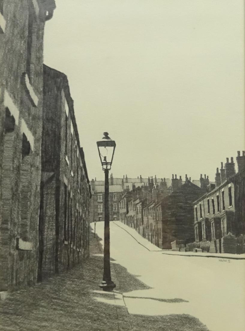 Stuart Walton (British 1933-): 'Gas Lamp Bristol Road': Stuart Walton (British 1933-): 'Gas Lamp Bristol Road' (Hyde Park Leeds), pencil signed and dated '72, original title label verso 39cm x 29cm Provenance: with Sands Gallery West park Harrogate DDS - A