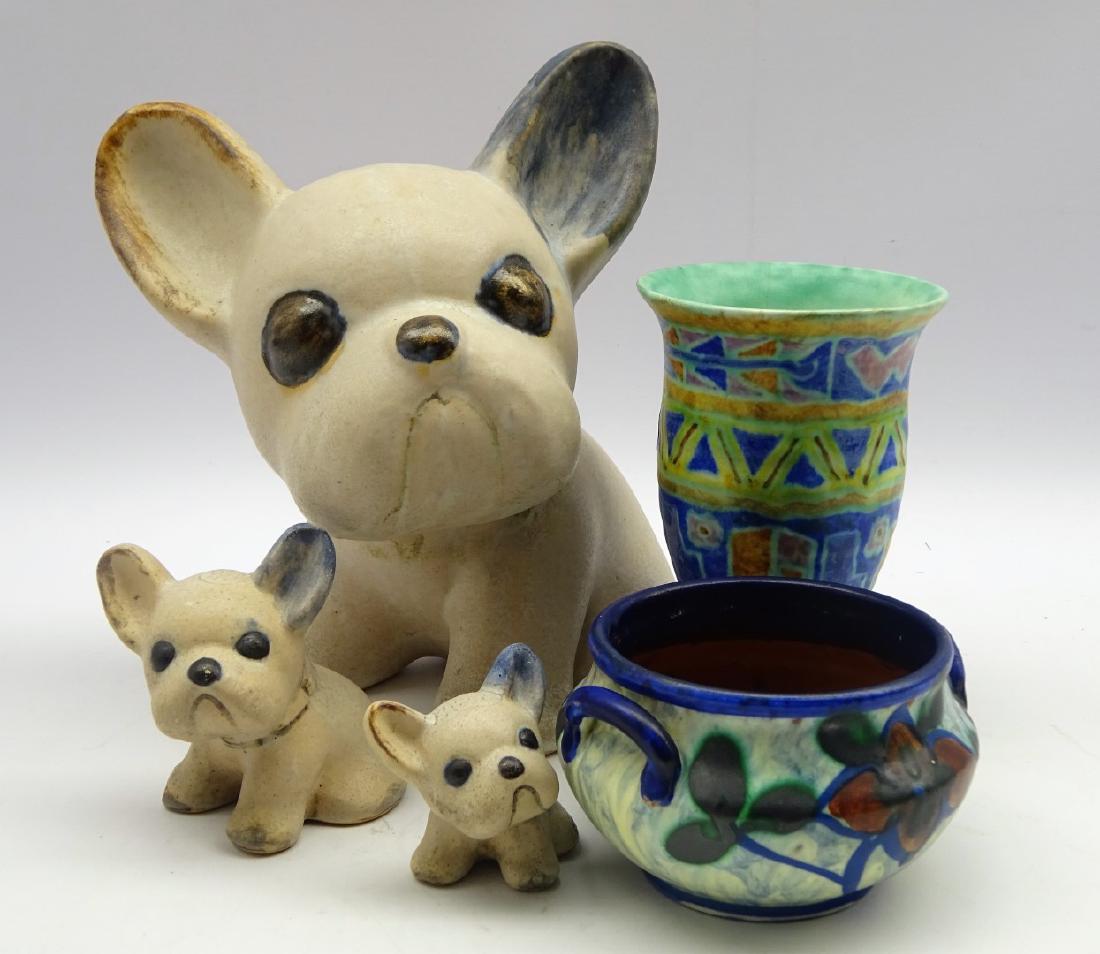 Set of three graduating Denby stoneware seated French: Set of three graduating Denby stoneware seated French Bulldogs, H24cm, 1930's Crown Devon 'Madita' vase and a similar style Swedish Upsala Ekeby pottery bowl (5)