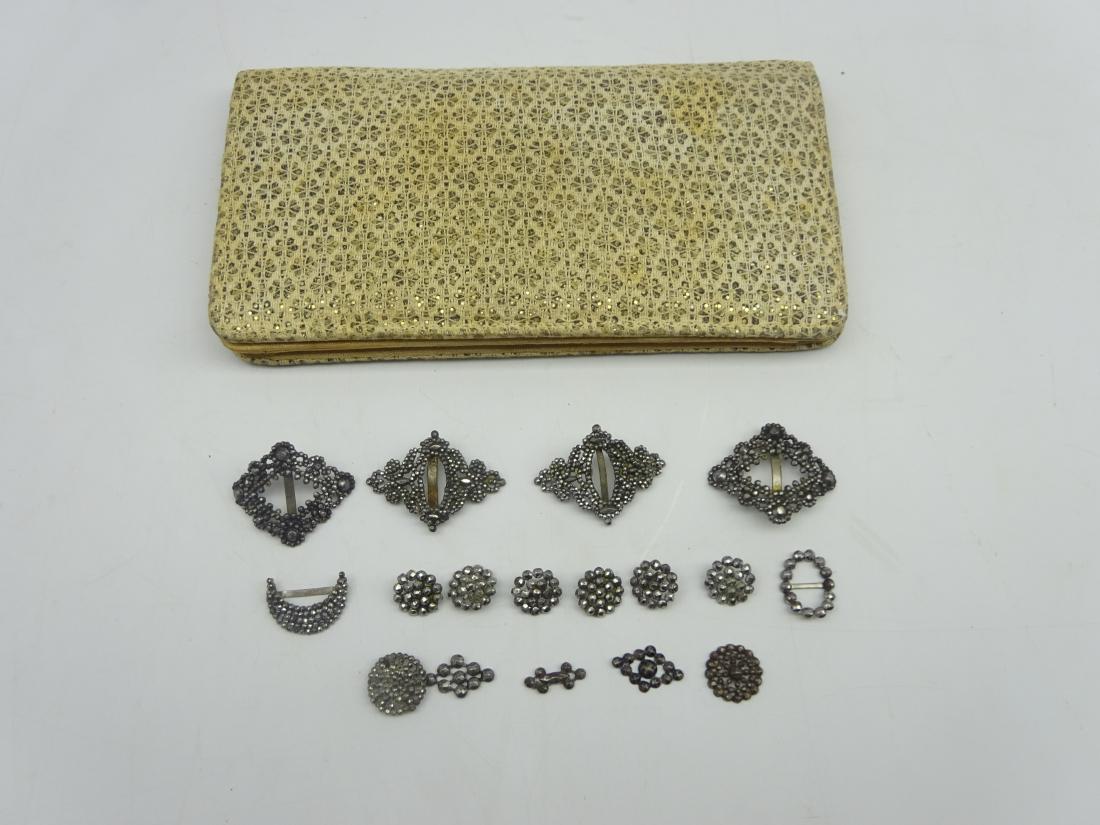Two pairs of cut steel buckles, various cut steel: Two pairs of cut steel buckles, various cut steel buttons and a silk lined evening purse