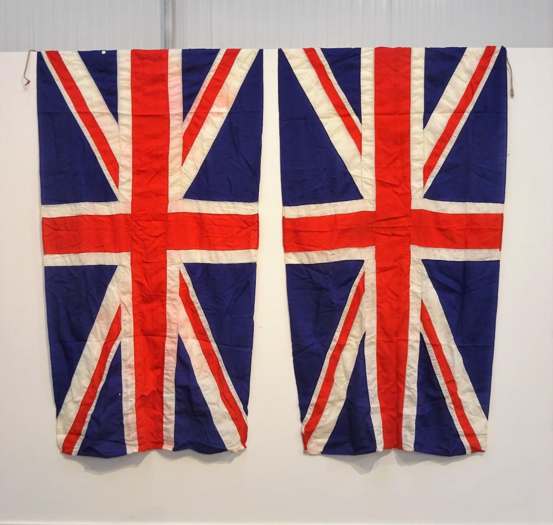 Pair vintage cotton Union Jack flags, 213cm x 110cm and: Pair vintage cotton Union Jack flags, 213cm x 110cm and another Union Jack flag (3)