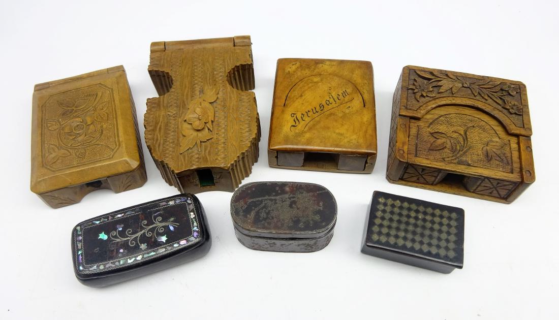 Olive wood pocket watch holder, three other pocket: Olive wood pocket watch holder, three other pocket watch holders, 19th century black Japanned nutmeg grater and two Victorian snuff boxes