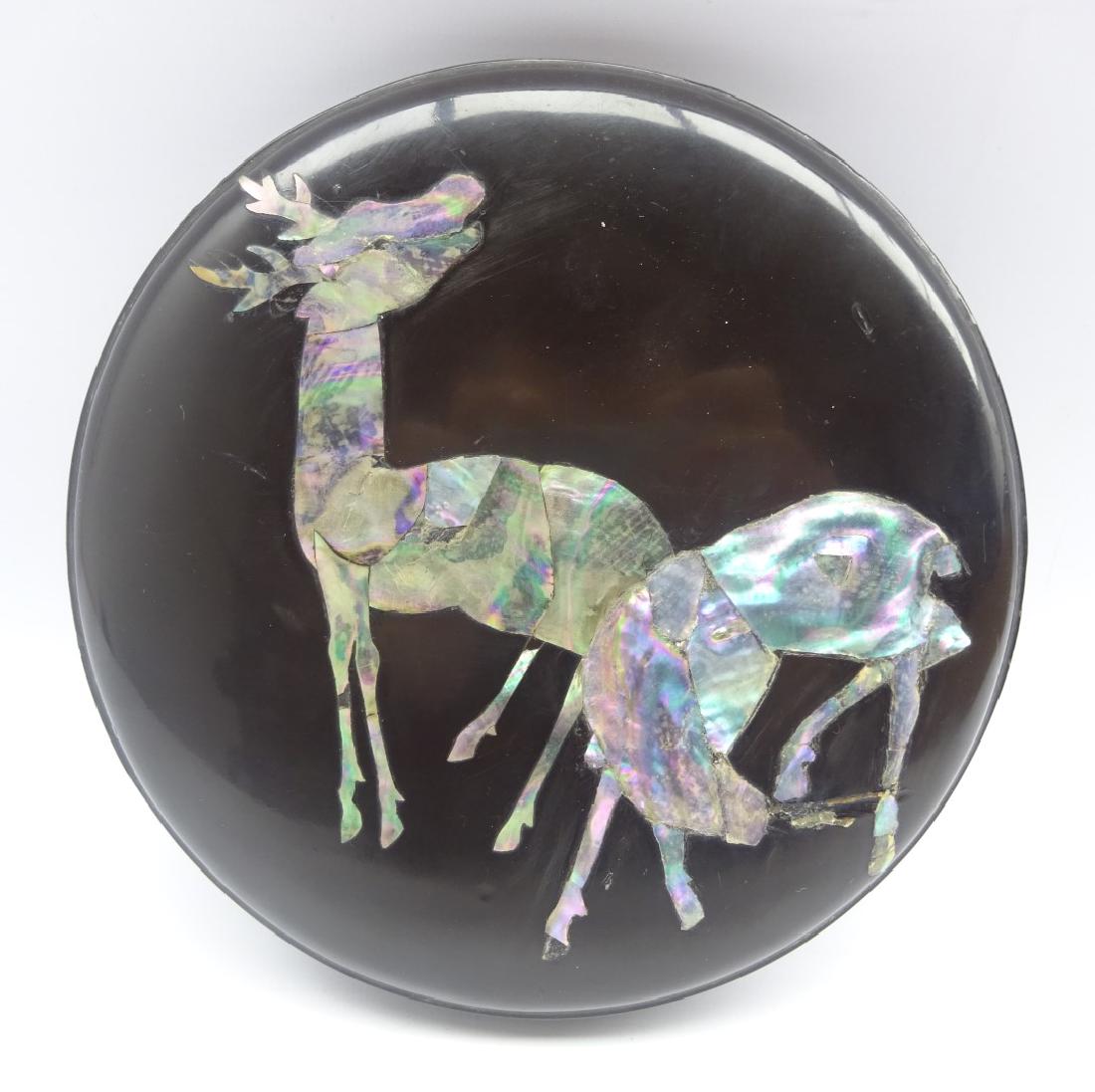 Japanese Lacquer circular box and cover, Edo period: Japanese Lacquer circular box and cover, Edo period (18th-19th Century) decorated in mother of pearl with 2 deer and with an inscription to the inside of the cover 16cms Diam- Soame Jenyns Collection