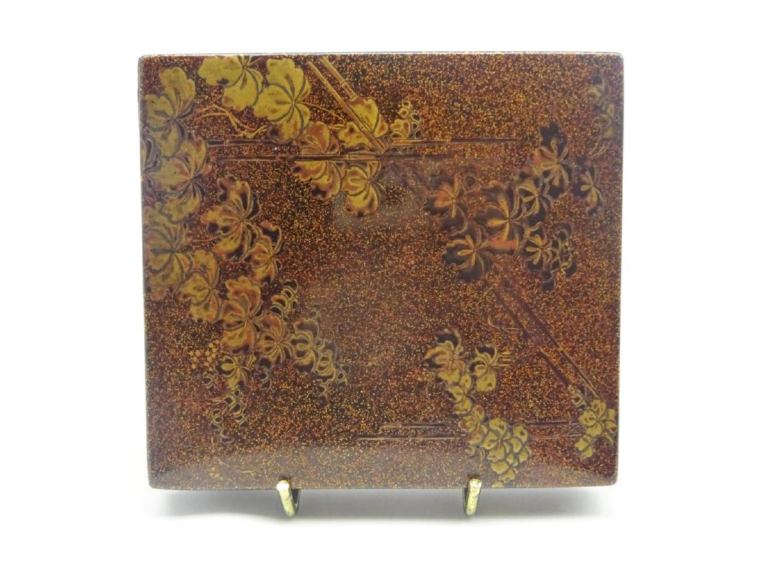 Japanese shallow rectangular lacquer box and cover,: Japanese shallow rectangular lacquer box and cover, Edo period (18th/early 19th Century) decorated in gold and brown with a black lacquer interior 12 x 11cms- Soame Jenyns Collection