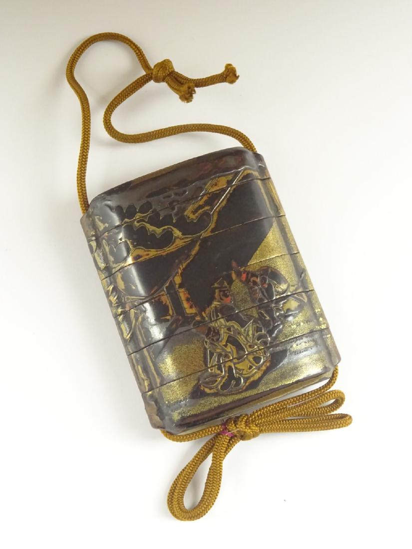 Japanese lacquer five-case Inro Edo period, 18th: Japanese lacquer five-case Inro Edo period, 18th Century, decorated in red, gold and black with courtiers outside the gate of a mansion 8 x 6.5cms- Soame Jenyns Collection