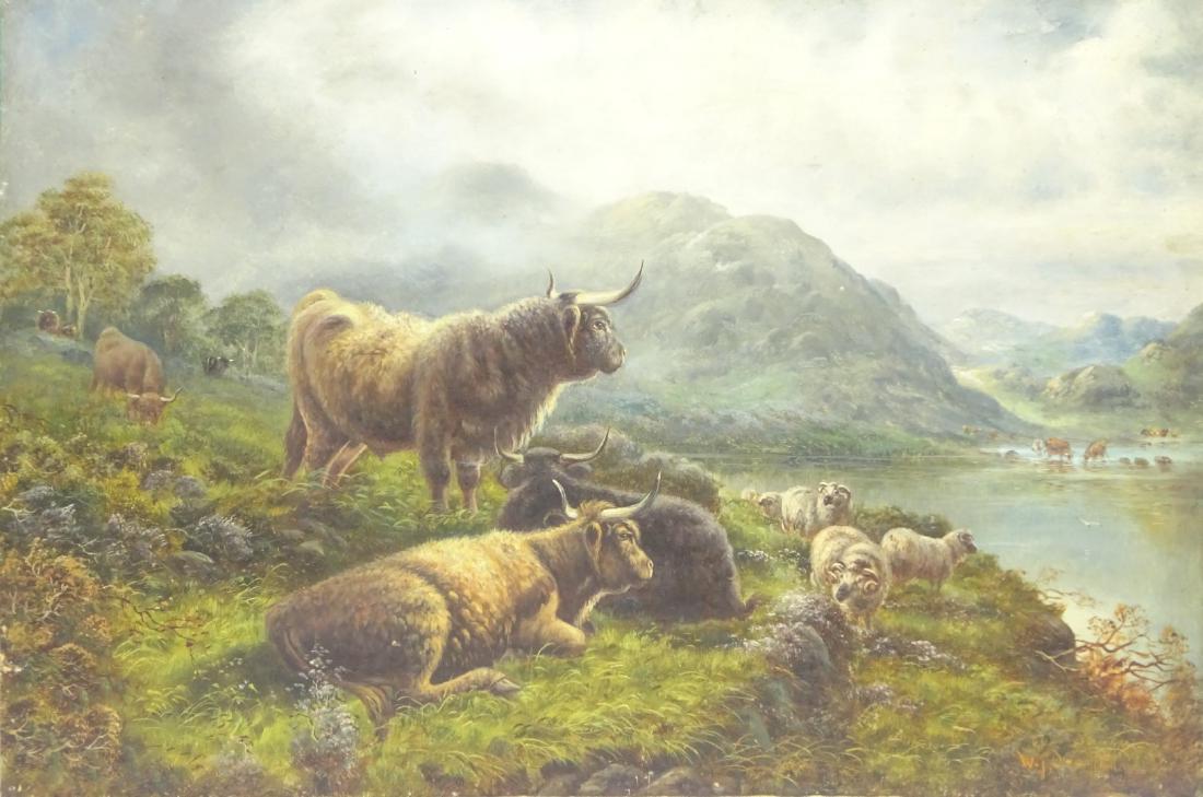 William James Smith Crampton (British 1855-1935):: William James Smith Crampton (British 1855-1935): Highland Cattle and Sheep, two oils on canvas signed 41cm x 61cm (2) unframed