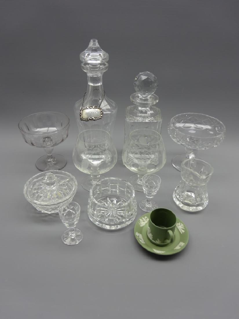 Cut crystal decanter with silver sherry label, another: Cut crystal decanter with silver sherry label, another cut glass decanter, small Waterford jug & bowl, Thomas Webb & Corbett footed bowl, Wedgwood jasper ware coffee can and saucer and other glassware
