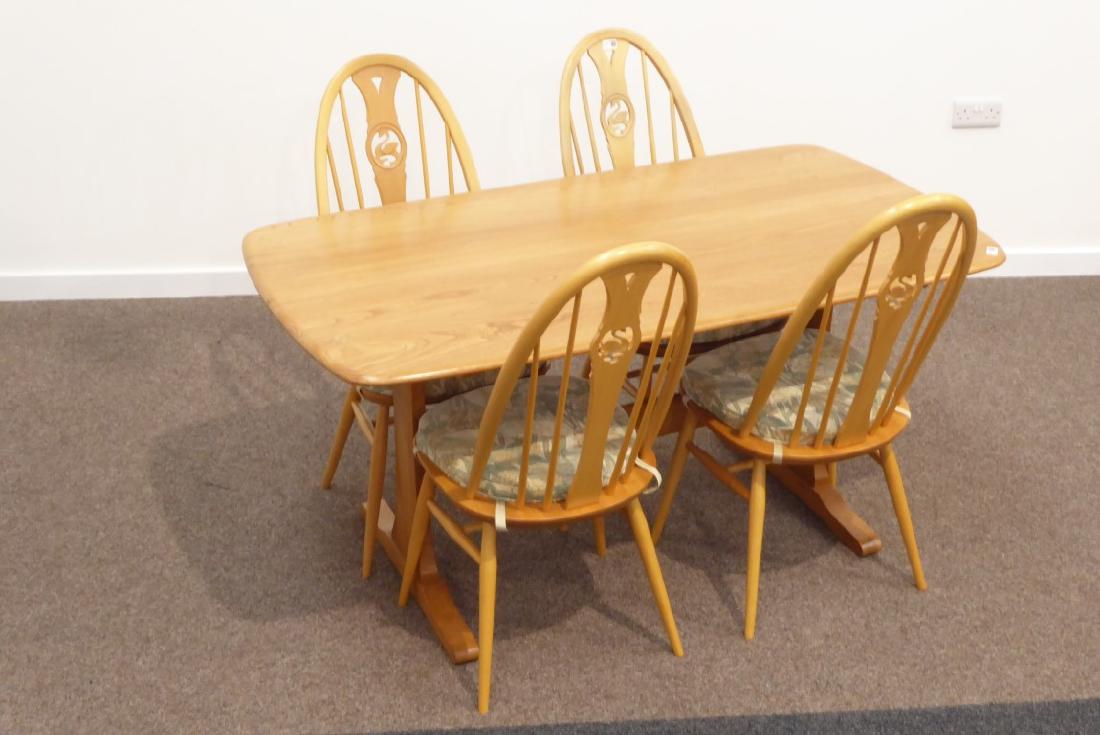 Ercol set four 'Windsor' elm and beech dining chairs: Ercol set four 'Windsor' elm and beech dining chairs with swan backs and Ercol light elm rectangular dining table (152cm x 84cm, H73cm)