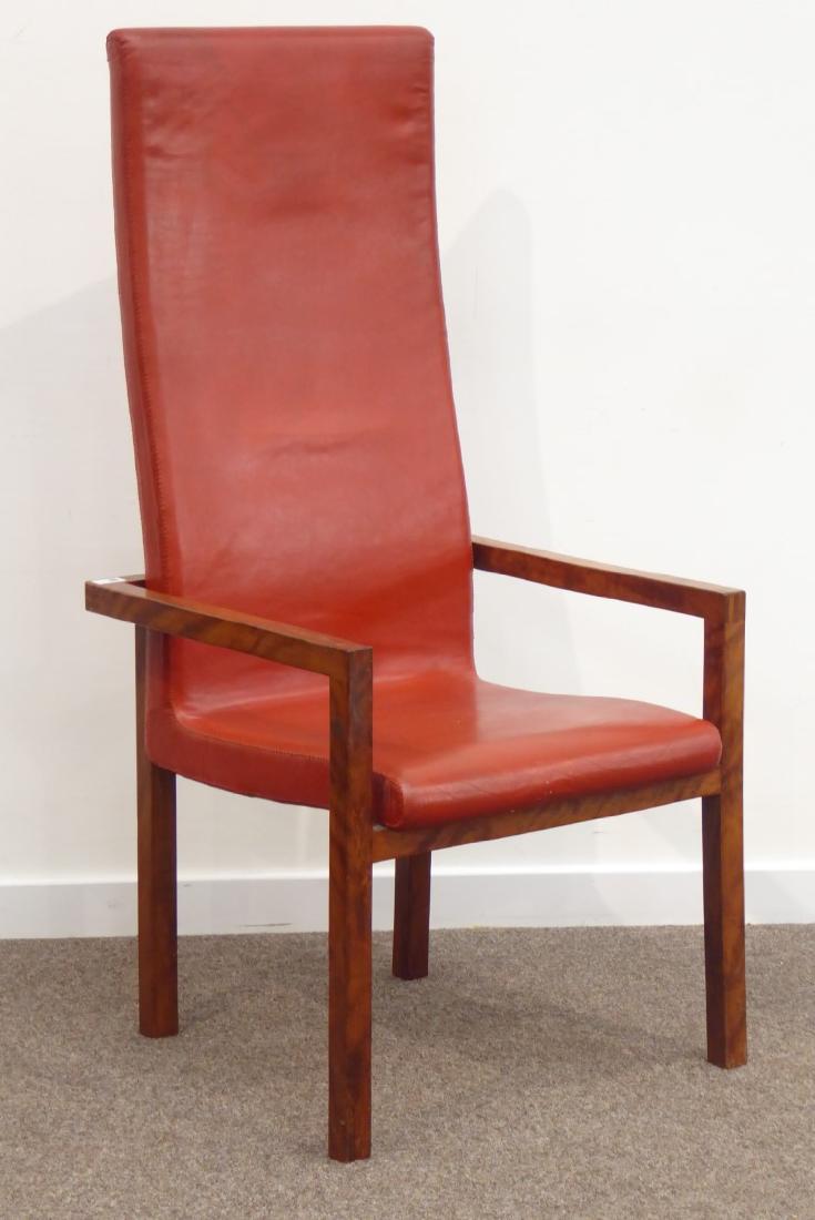 John Makepeace (British 1939-): High back chair, yew: John Makepeace (British 1939-): High back chair, yew wood framed, upholstered in red leather, stamped, W60cm, H128cm