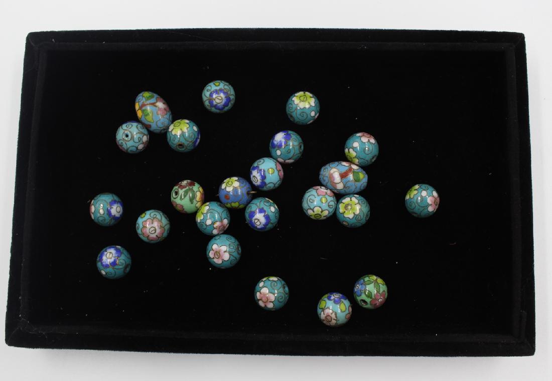 Lot Chinese Porcelain Enameled Champleve Necklace Beads: Blue Floral Round and Oval Beads. Round Beads Measure: 1/2" Oval Beads Measure: 3/4"