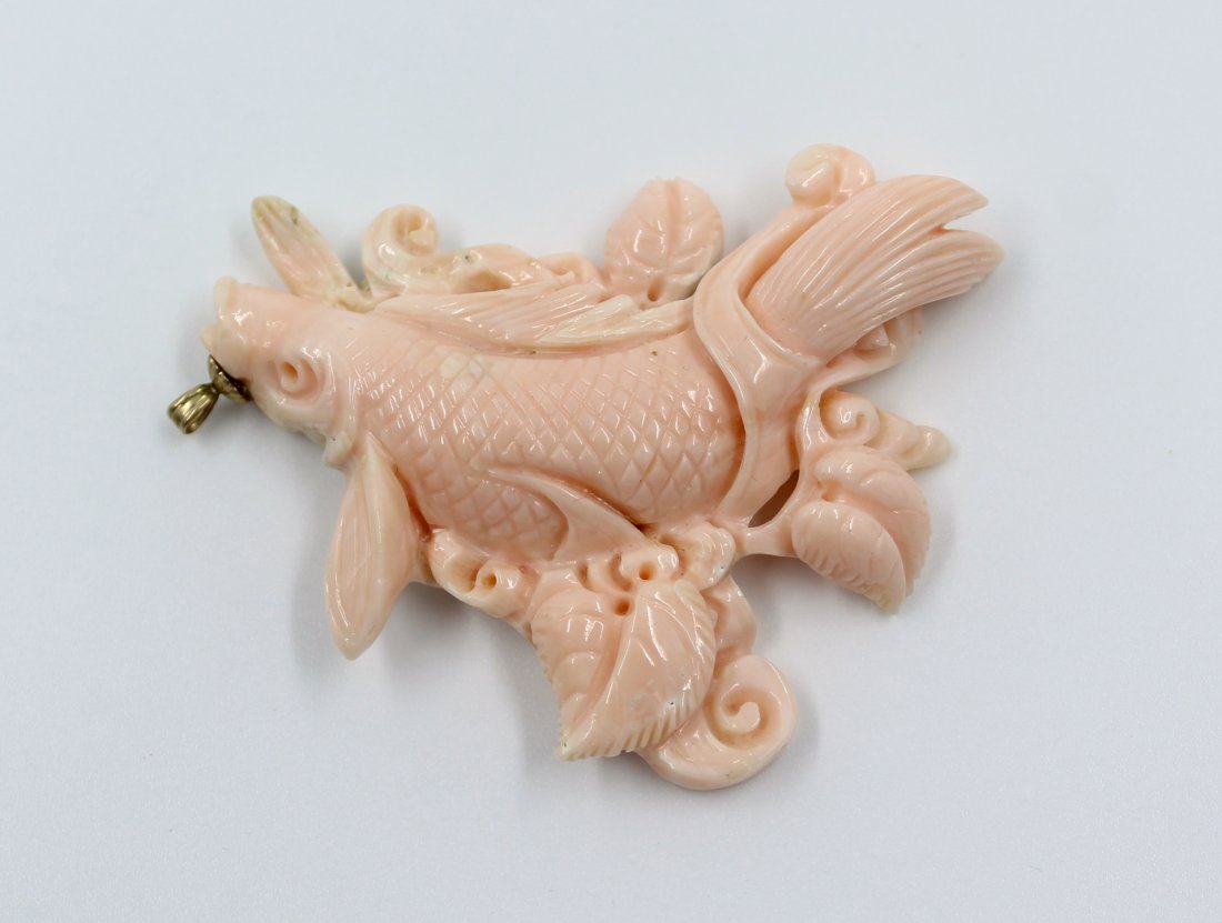 Chinese Carved Angel Skin Pink Coral Necklace Pendant (1 of 3)