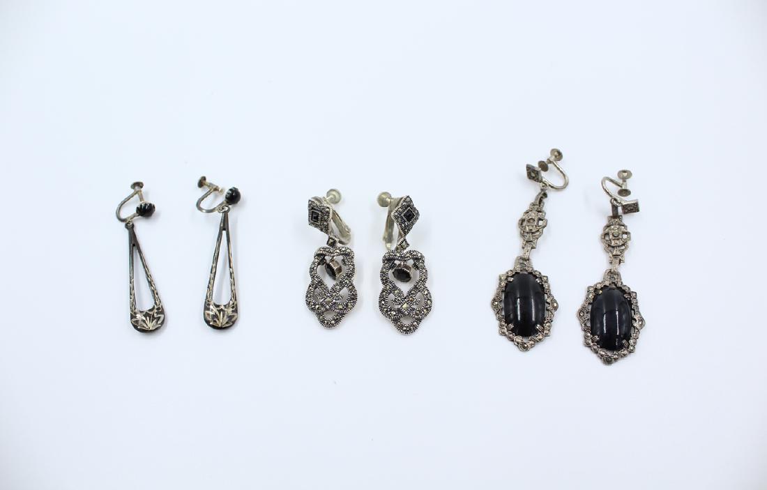 (3) Art Deco Silver & Black Onyx Earrings (1 of 7)