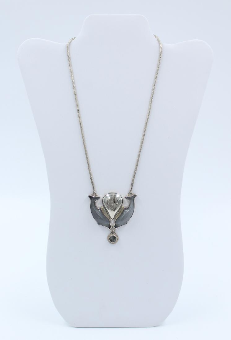 Vintage 925 Sajen Dolphin Necklace: Beautiful 925 Silver and Druzy Quarts Apposing Dolphin Pendant, Chain: 19", Pendant, 2 1/8" x 2 1/8
