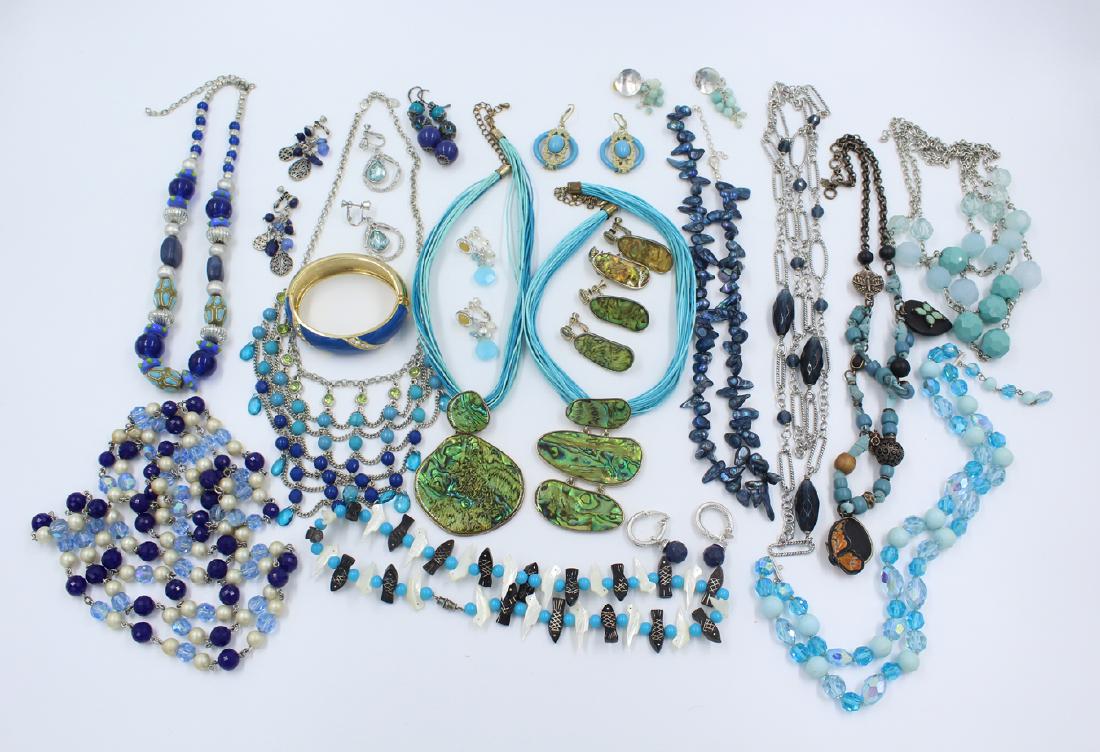 Lot of Blue Costume Jewelry: Necklace, Bracelets, and Earring, Abalone, Cloisone, 21 Total Pieces