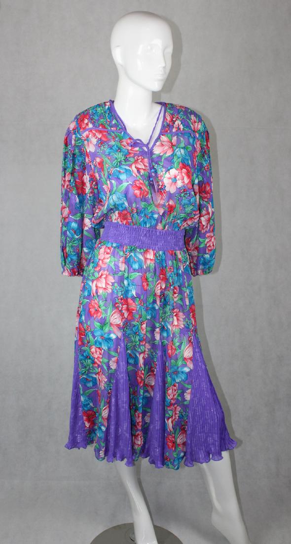 Vintage Diane Freis Purple Floral Dress: 100% Polyester, Georgette, Hong Kong, Size: M-L