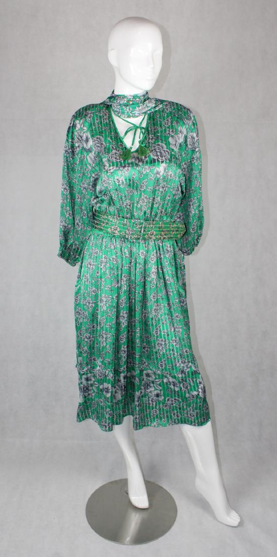 Vintage Floral Diane Freis Maxi Dress: w/ Belt & Scarf, 100% Polyester, Georgette, Hong Kong, Size: M-L