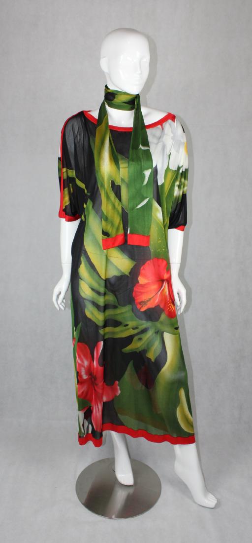 Vintage Gottex Sheath Dress: Size S, Floral Design, Matching Scarf, Israel.