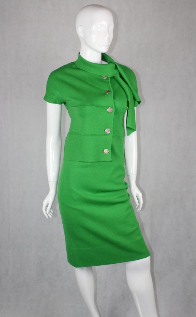 Vintage Italian Heatherton Blazer & Skirt: Vintage Green Italian Heatherton Skirt & Top, 100% Wool, Silver Button Front, Size 10