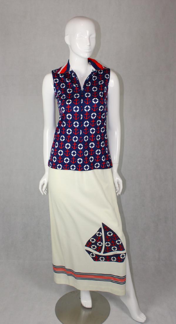 Vintage 2-Piece Mr. Dino Maxi Skirt & Tank Top: Cute Mr. Dino Maxi Skirt w/ Zipper Front Tank Top, Nautical Theme, Size 12