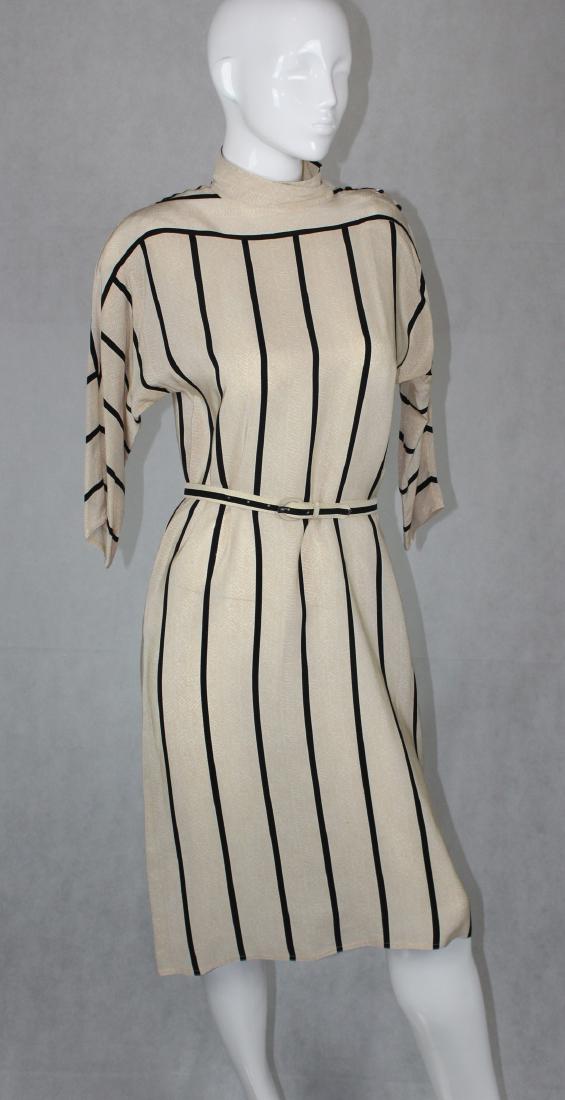 100% Silk Jordan Marsh Dress: w/ Belt, Striped, Buttons Down the Shoulder, Size 10
