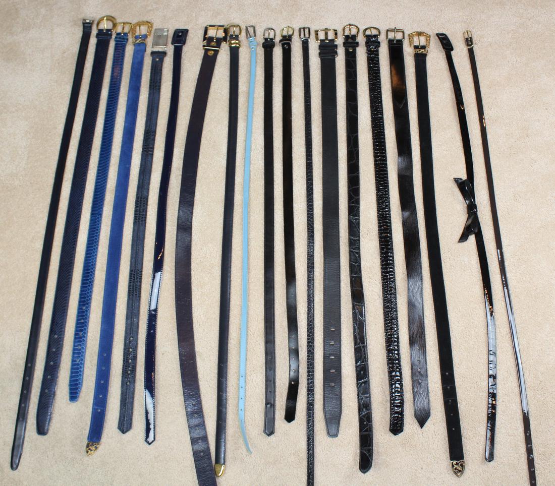 Lot (19) Women's Belts: Various Sizes, Black and Blue, Omega, St Johns, Ann Taylor, Etc.