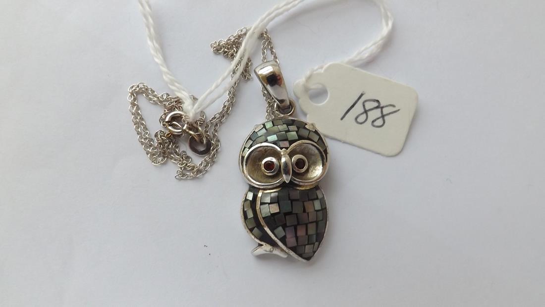 Unusual silver and Abalone owl pendant with   red stone (1 of 1)