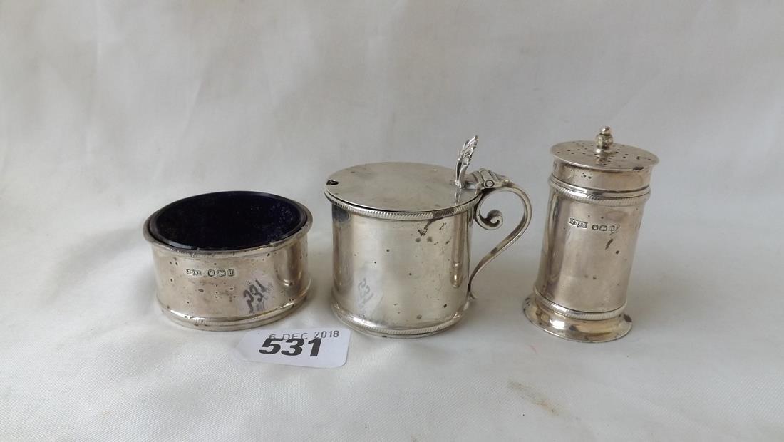 3 piece drum shaped cruet 2.5" over handle Sheff 1918: 3 piece drum shaped cruet 2.5" over handle Sheff 1918 by JD & S 90g.