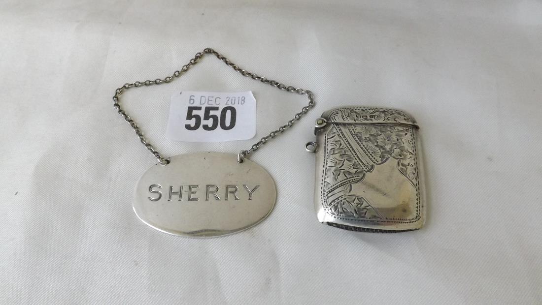 Geo. style bottle ticket for Sherry Lon 1829 by SJR,: Geo. style bottle ticket for Sherry Lon 1829 by SJR, also a vesta case 29g.