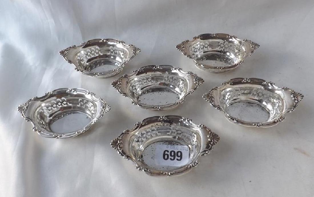 Set of 6 oval bonbon dishes pierced sides 4" wide  mark (1 of 3)