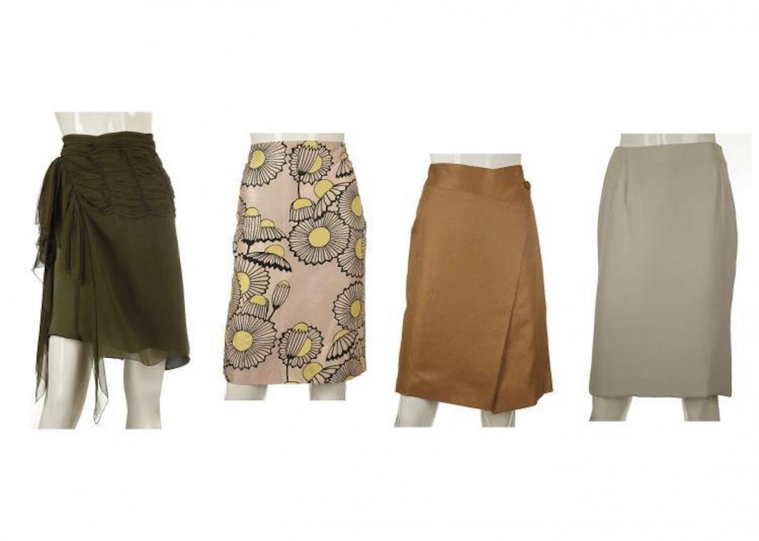 Four designer skirts, Valentino, Albert Ferretti,: Four designer skirts, to include a Valentino pale blue silk example, size 4 (UK 8), an olive green Alberta Ferretti silk skirt, UK 10, a bronze silk and linen mix skirt by Salvatore Ferragamo size Ita