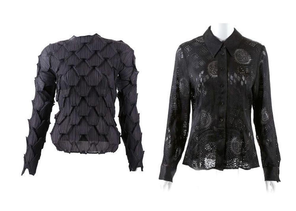 Issey Miyake grey pleated long sleeve top: Issey Miyake grey pleated long sleeve top, together with a black Kenzo Jungle blouse, sheer geometric design, size 40 (UK 12) (2)