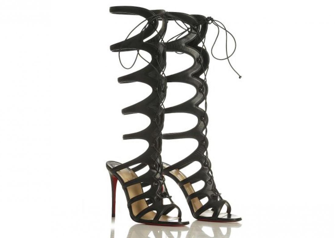 Christian Louboutin black leather Amazoula Knee-High: Christian Louboutin black leather Amazoula Knee-High caged boots, red bottoms, current season, size 36.5 (UK 4.5), 10cm high heels, with dust bags