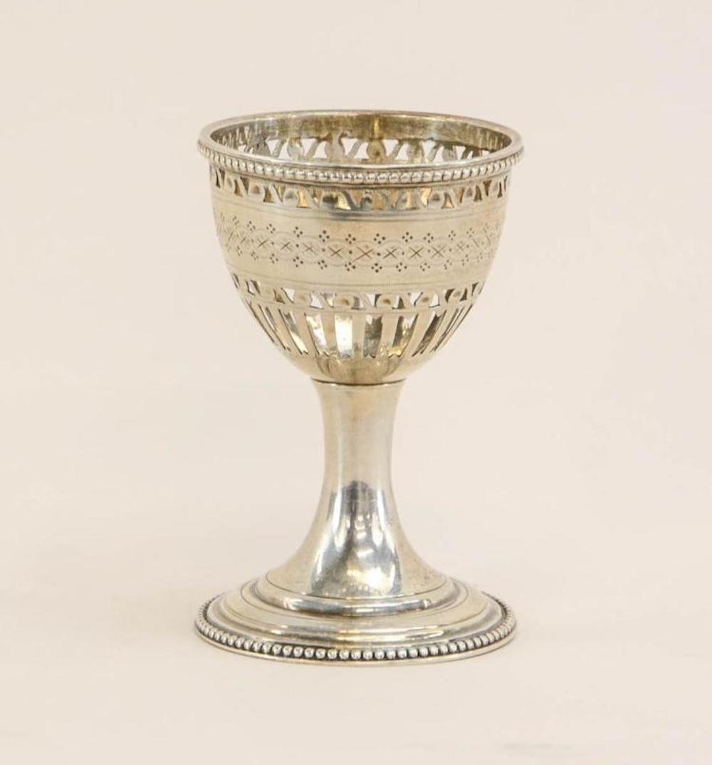 Hester Bateman English Silver Egg Cup: Georgian period: A London sterling silver pierced Hester Bateman cup dated 1783.