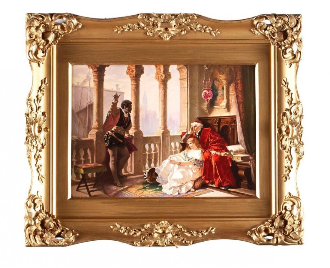 Hand Painted Porcelain Plaque by Theodore Zasche: Hand painted porcelain plaque by Theodore Zasche (Austrian, 1862-1922) Continental, 19th century, signed T. Zasche Vienna lower left, noted to verso "Othello Nach Karl Becker, Berlin." scene depicting