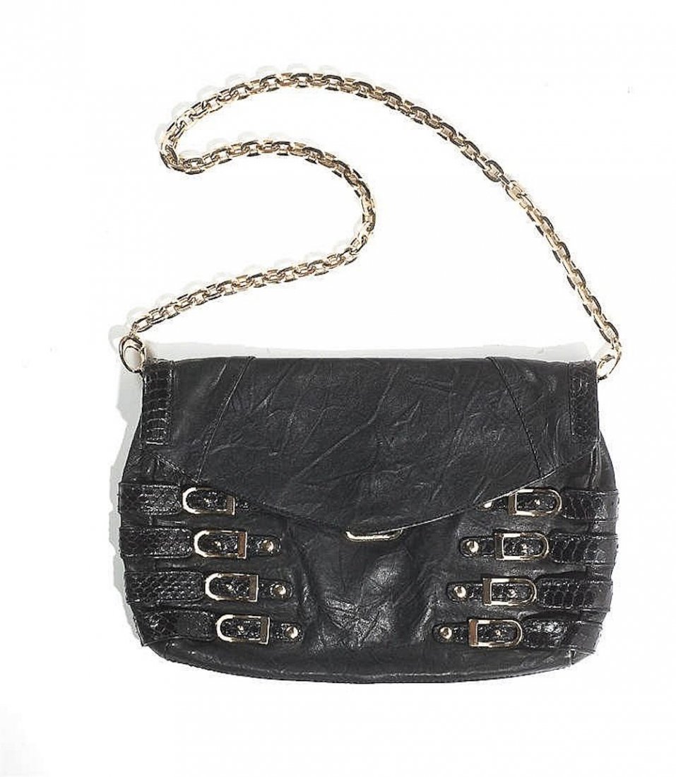 Jimmy Choo Designer Handbag: Black and Python aged leather handbag, magnetic snap closing flaps, decorative clasp, detachable chain shoulder strap