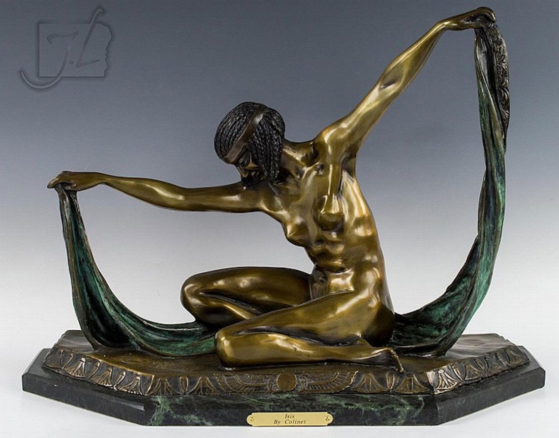 After Claire Colinet (1880-1948); Title: "Isis";: Artist: After Claire Colinet (1880-1948); Title: "Isis"; Medium: Bronze sculpture with a marble base; Year or Era Produced: 20th century; Signature: Top of base; Approximate measurement: 14.5" x 20" x