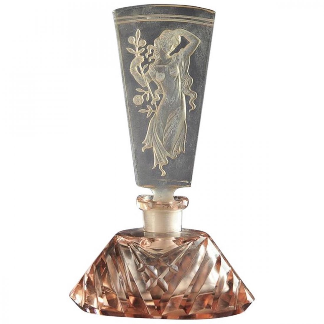Pink Czech Glass Perfume with Intaglio Stopper: Geometric bottle marked 'Made in Czechoslovakia'. Stopper depicts a lovely woman with one hand to her forehead. Dimensions are: 5 1/2" tall. All measurements are approximate.