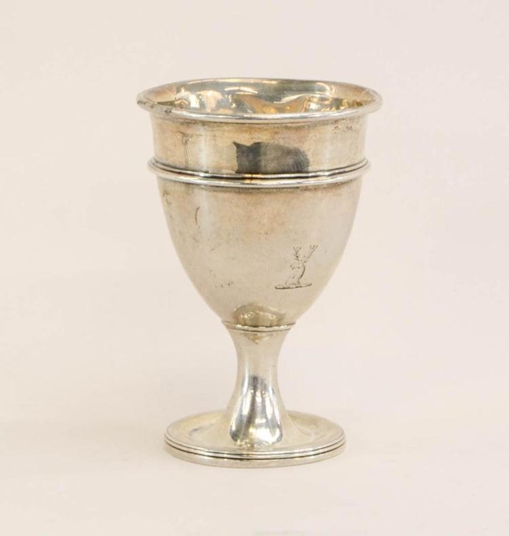 English Silver Egg Cup: A London Sterling Silver egg cup bearing 1797 Date mark and Makers Mark HG. 2.75" tall