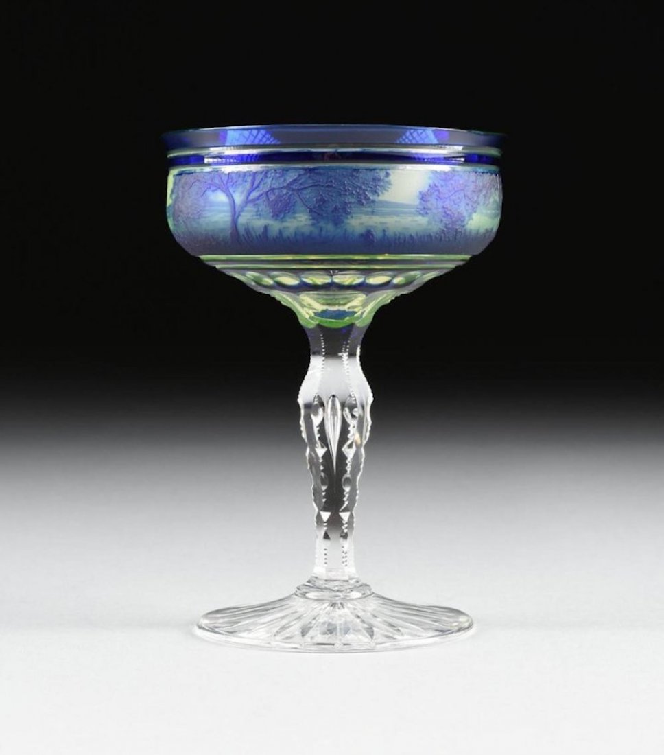 Val Saint Lambert Cobalt Blue Cased and Cut Cameo Glass: Seraing, Belgium, circa 1900, the coupe form bowl with everted lip in cobalt blue cut to citrine cut to clear, with a band of cameo landscape decoration between cobalt bands with a band of reserved ci