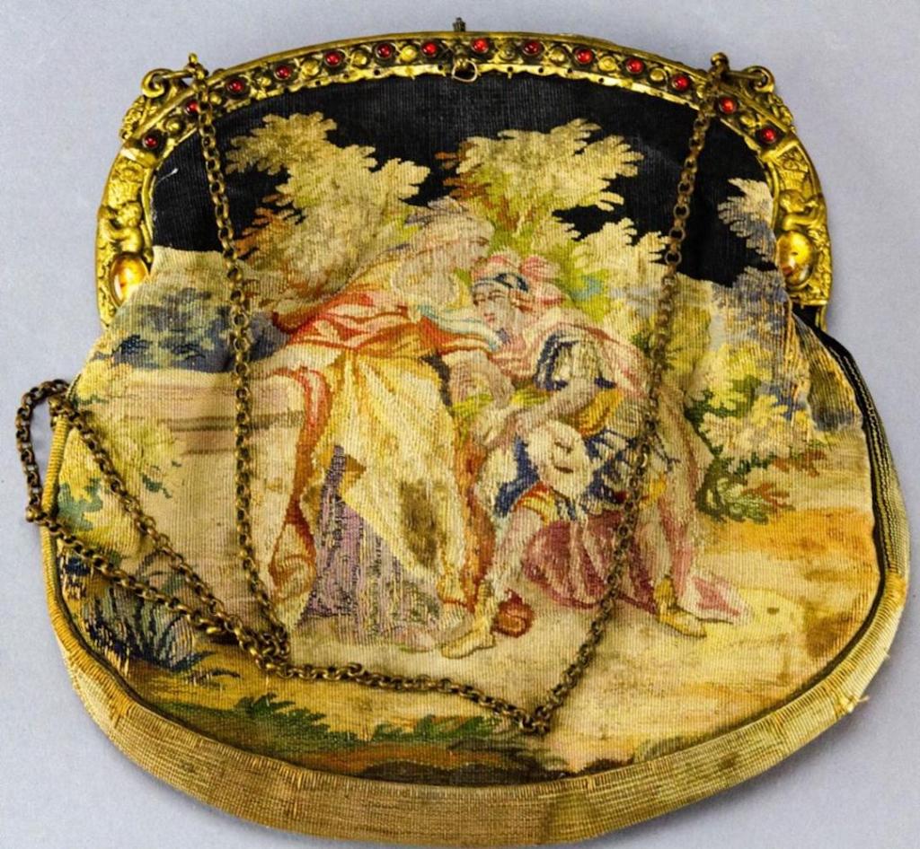 Antique 19th C Petite Point Needlepoint Hand Bag: Antique 19th C Petite Point Needlepoint Hand Bag / Purse. Ormolu frame with glass jewels. Measures 8 x 8 inches plus chain.