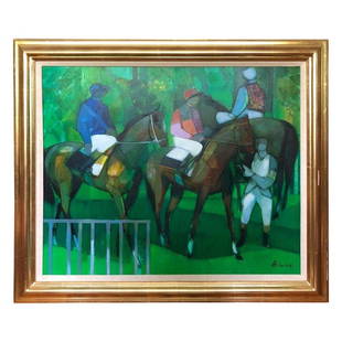 Camille Hilaire, 'French' "Horses and Riders": Awesome oil on canvas by famed artist Camille Hilaire. Cubist with a unique style. Painting is signed twice, the inscription on the back "for Sylvia and Arnold Schmidt 15 Feb 1979" Signed in the