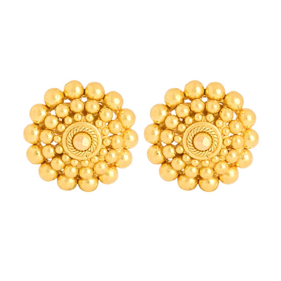 91.66 Percent 22k Gold Round Beaded Gold Studs: Small round stud earrings, handcrafted in 22 karat yellow gold with beaded pattern detailing. The everyday wear design screw back studs have a 1.3 mm post Weight in gms: 2.7, Length 10.5 mm (0.4 inche