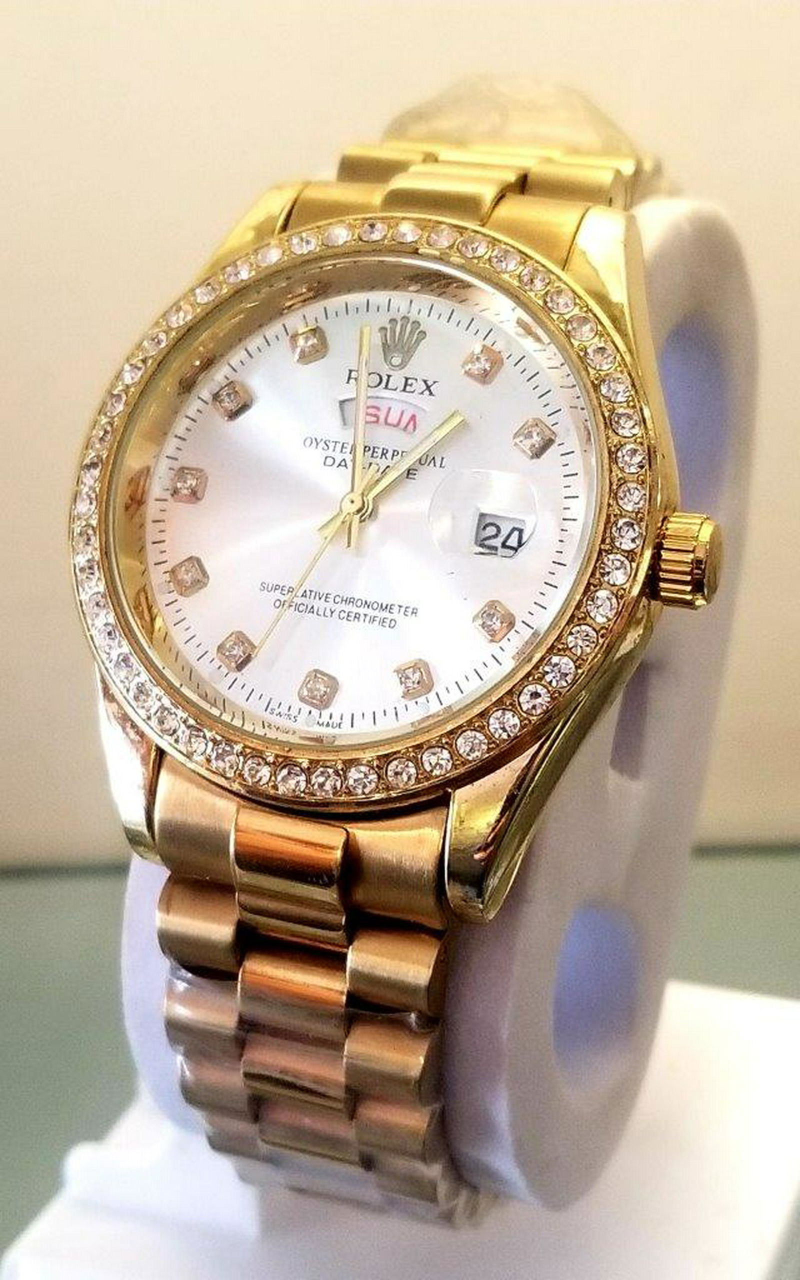 ROLEX - GOLD PLATED WITH ZIRCON: Top quality Replica of ROLEX - GOLD PLATED WITH ZIRCON : Flat-rate of $23.00 to anywhere. shipping rates are determined by Parcel weight and destination. Combined shipping: We offer combine shipping o