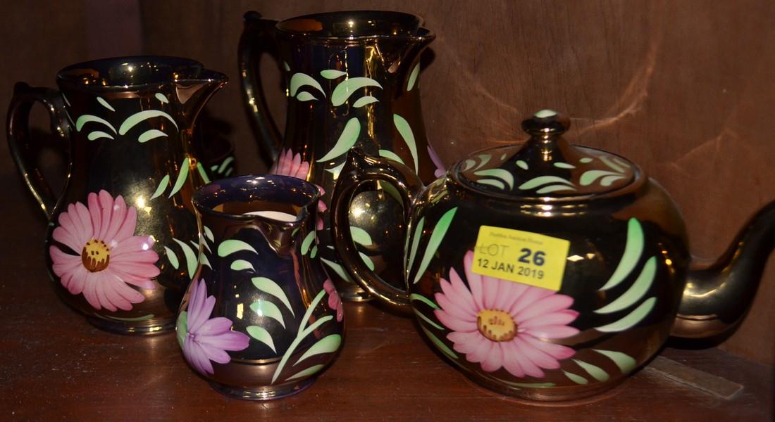 Wade hand painted tea pot, 3 jugs, cup and saucer (6): Wade hand painted tea pot, 3 jugs, cup and saucer (6)