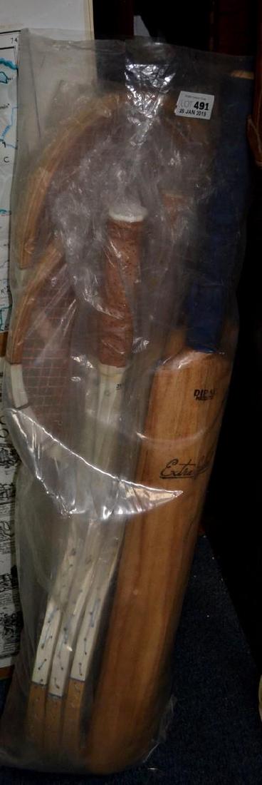 Old and new wooden framed tennis racquets and 2 cricket: Old and new wooden framed tennis racquets and 2 cricket bats etc