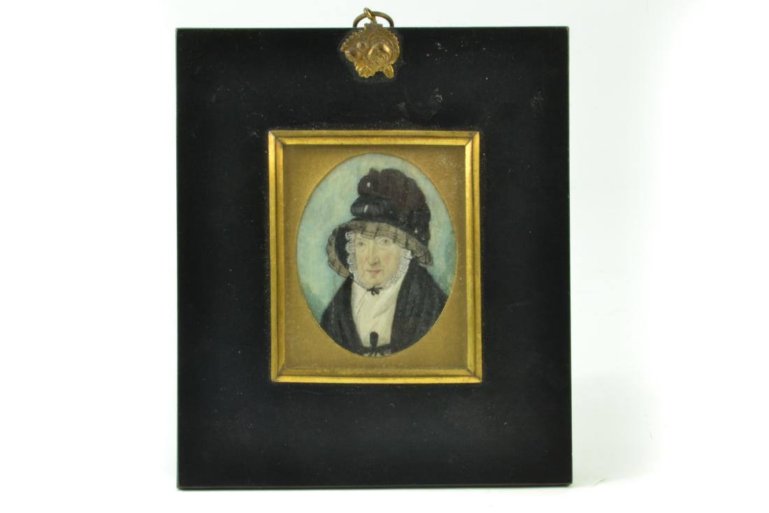 19th century Miniature of Mrs Cunningham of Afton, in: 19th century Miniature of Mrs Cunningham of Afton, in ebony frame. Died 20th March 1851. Paper label verso.[16 x 14 inclusive of frame approx)