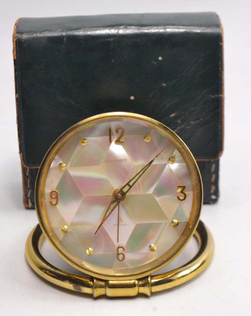 BUCHERER mother of pearl faced alarm clock with: BUCHERER mother of pearl faced alarm clock with original 1963 receipt