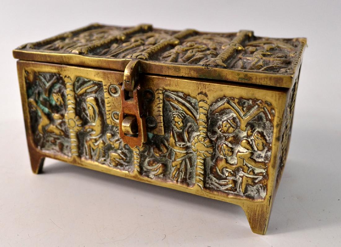Brass heavily decorated casket W: 13.5cm D: 8.5cm H:: Brass heavily decorated casket W: 13.5cm D: 8.5cm H: 8cm